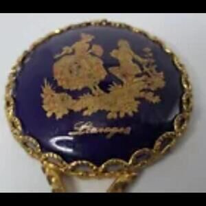 LIMOGES France Handheld Mirror Cobalt Blue & Gold Porcelain Vanity 4.5" Long